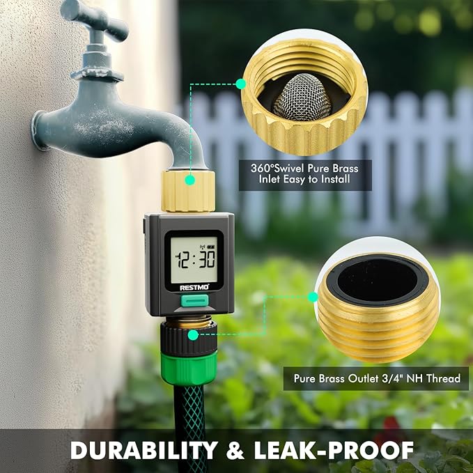 RESTMO Smart Water Flow Meter with Screen Backlight, APP Control | Brass Inlet & Outlet, Measuring Gallon/Liter Consumption & Flow Rate for Garden Watering, RV Filling, Sprinklers & Nozzle
