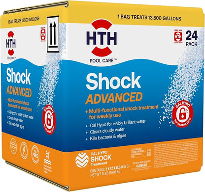 HTH 52065 Pool Care Shock Advanced, Swimming Pool Chemical - Cal Hypo Formula, Prevents Bacteria & Algae, Restores Crystal Clear Water - Shock Treatment, 1lb Packs (24 Packs)