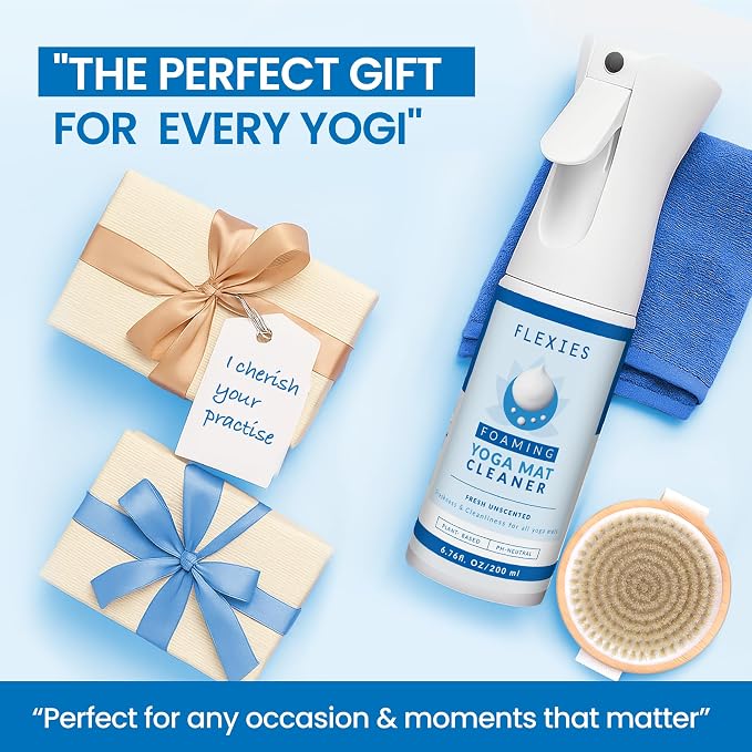 Flexies Foaming Yoga Mat Cleaner Spray Kit, Plant Based Non Toxic Mat Cleaner with Brush and Microfiber Cloth, Yoga Essentials for Women and Men, Pilates Mat Care, Fragrance Free