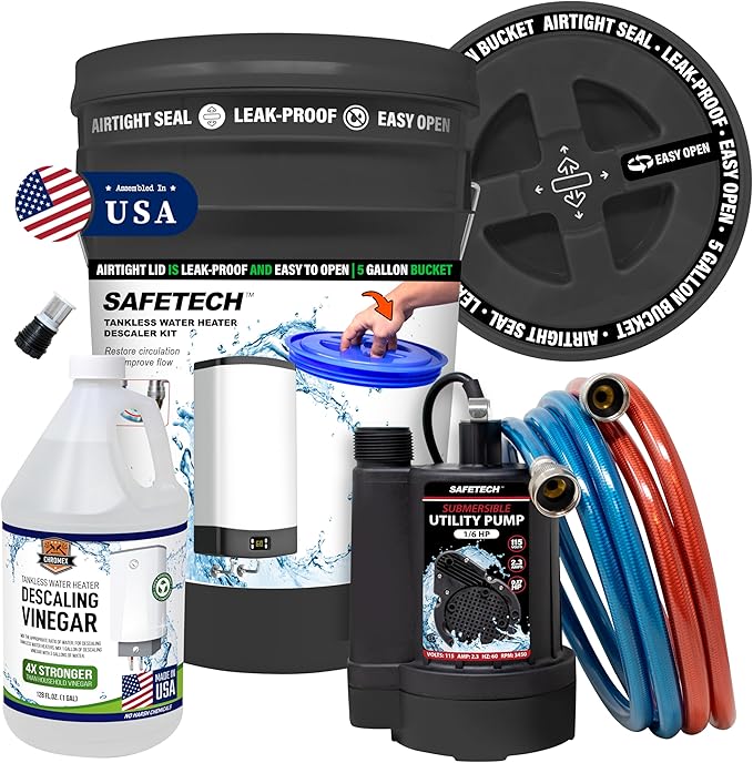 Safetech Tankless Water Heater Flushing Kit with 5-Gallon Screw-Top Lid, Premium Hoses, 1/6 HP Pump, and Concentrated Vinegar