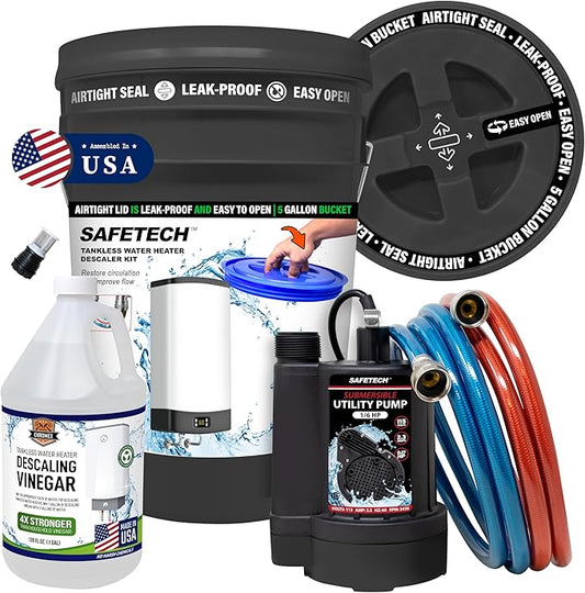 Safetech Tankless Water Heater Flushing Kit with 5-Gallon Screw-Top Lid, Premium Hoses, 1/6 HP Pump, and Concentrated Vinegar
