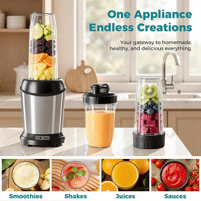 DUMOS Smoothie Blender for Kitchen, Blenders for Smoothies with 17 24 34 oz BPA-Free Portable Easy Go Cups, Small Personal Blender for Shakes, Sauces, Juice and Ice Crushing & More, Silver