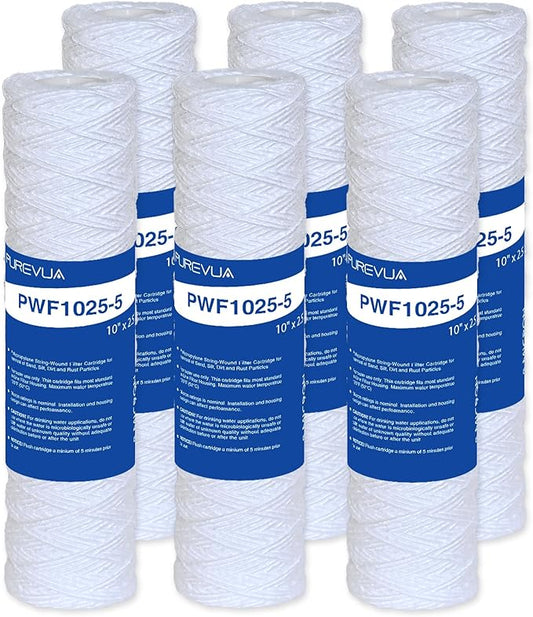 5 Micron 10"x2.5" String Wound Sediment Filter, Whole House Water Filter Cartridge for Well Water, Compatible with CW-F, AO-WH-PRE-R2, WHKF-WHSW, Fits Standard 10" Housings, 6 Pack