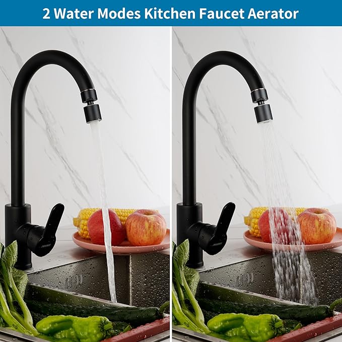 Hibbent NSF/ANSI/CAN 61 Certified Faucet Aerator, CUPC Certification 360° Swivel Kitchen Sink Aerator, 2-Flow Sink Sprayer Attachement, Faucet Replacement Part 55/64 Inch Female Thread - Matte Black