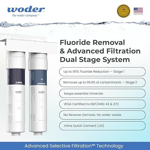 Dual Stage Inline Water Filter, Up to 95% Fluoride Removal, John Guest Fittings, Removes PFAS, Lead & Chlorine, Keeps Essential Minerals, WQA Certified, US Made