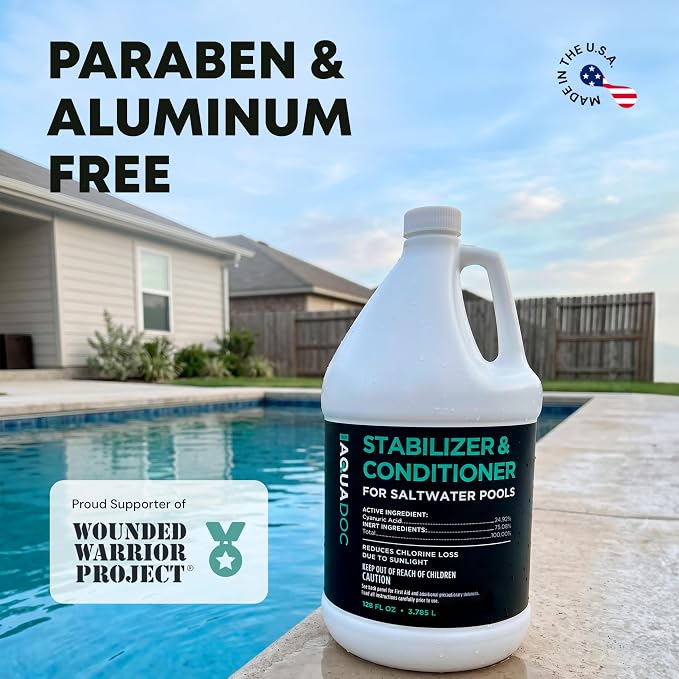 AquaDoc Saltwater Pool Stabilizer and Conditioner - 128 oz - Liquid Cyanuric Acid Stabilizer for Saltwater Swimming Pools to Reduce Chlorine Loss from Sunlight - Made in the USA