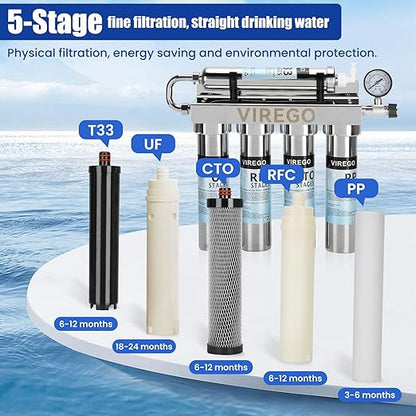 0.01μm Ultra Filtration Under Sink Water Filter System with Real-time Pressure Gauge, Water Filter Under Sink Import and Export Dimension Are DN15, for 99.99% Cl Reduction (with 5 Filter and 1 Faucet)