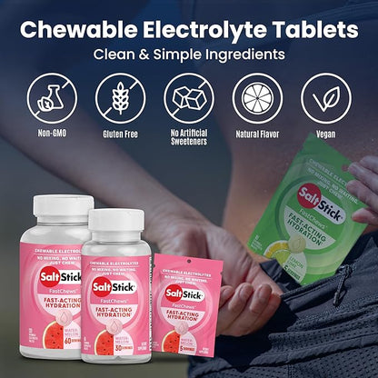SaltStick Electrolyte FastChews - 120 Watermelon Resealable Chewable Electrolyte Tablets for Hydration, Salt Tablets for Running - 120 Tablets