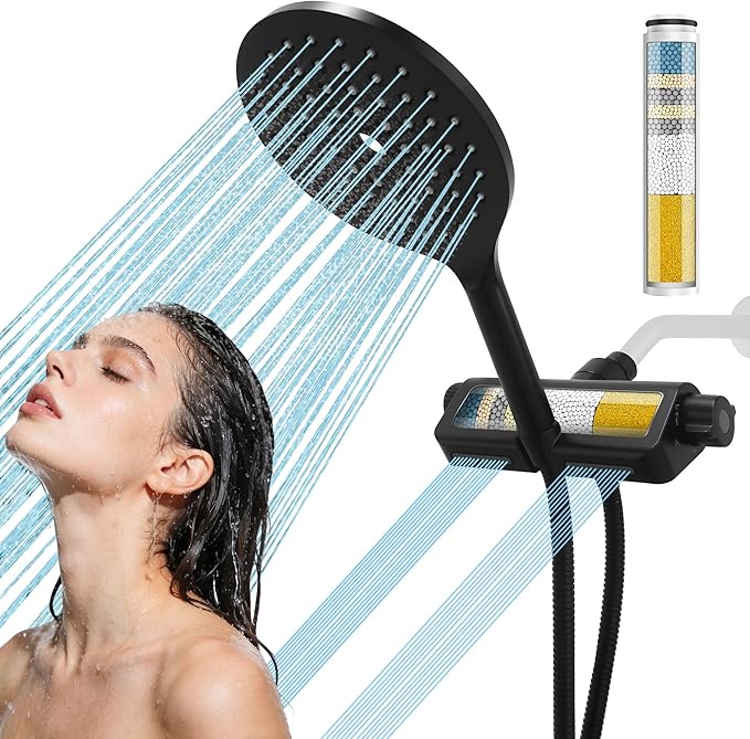 Handheld Shower Head with Filter High Pressure 2-in-1 Dual Spa System 7.5" Rainfall Filtered Showerhead Water Softener Filters for Hard Water 59" Stainless Steel Hose Matte Black