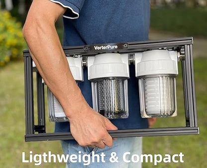 S3 Mini External 3-Stage RV Fresh Water Filter System, Compact, 5 Inch Filters, 3/4" GHT Stainless Steel Fittings, Reduce Sediment, Chlorine, Odor, All Aluminium Free-Standing Chassis, Clear