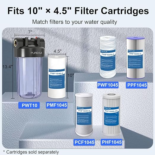 PWT10 Whole House Water Filter Housing, Fits 10” x 4.5” Big Blue Filters, Inline Pre-Filtration System for RV, Home Well and City Water Sediment etc with 1" NPT Port, Pressure Relief Valve