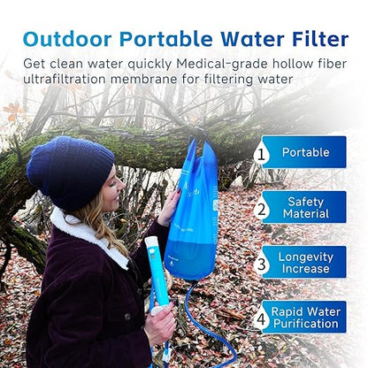Üν Gravity Water Filter Straw with 2 Gallon Bag and LED Display, Portable Survival Water Purifier for Travel, Backpacking and Emergency, Compact Gravity Water Filtration System for Outdoor Adventures