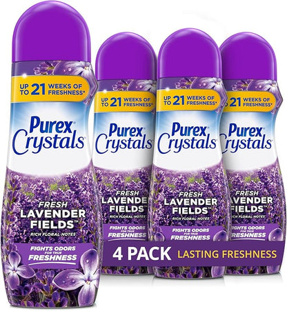 Purex Crystals In-Wash Scent Booster, Fresh Lavender Fields, 21 oz (Pack of 4), Long-Lasting Freshness & Odor Elimination Technology
