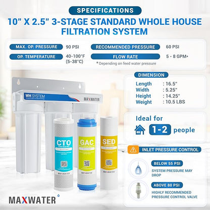 Max Water 3 Stage (Good for City Water) 10 inch Standard Water Filtration System for Whole House - Sediment + GAC + CTO Post Carbon - ¾" Inlet/Outlet - Model : WH-SW1