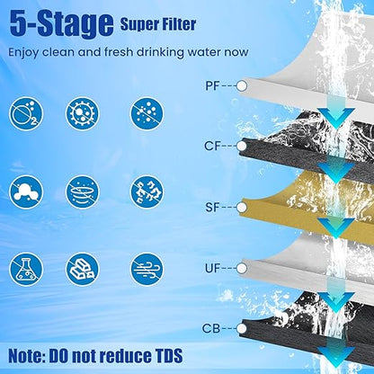 0.01μm Ultra Filtration Under Sink Water Filter System with Real-time Pressure Gauge, Water Filter Under Sink Import and Export Dimension Are DN15, for 99.99% Cl Reduction (with 5 Filter and 1 Faucet)