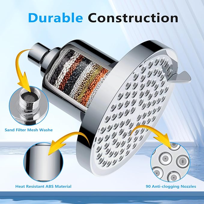 High Pressure Shower Head with Filters: Fixes Low Pressure & Rust Water for Old Apartments - 6" Hard Water Filtered Showerhead Removes Chlorine Easy Twist-on Install for Dorm Renter