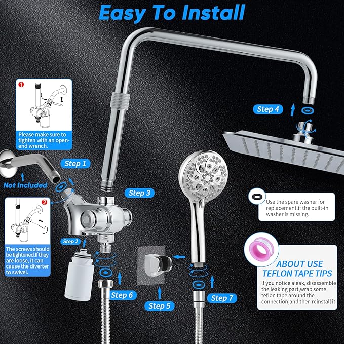 VXV 10 inch Filtered Shower Head,7 Settings High Pressure Dual Shower Heads with Handheld Spray Combo,3-Way Rain Shower Head with Filters,71''Shower Hose,Height Adjustable(Chrome)