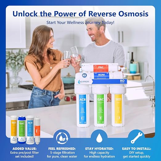 Express Water NSF Certified Reverse Osmosis Water Filter System, Chrome Faucet, Extra 4 Filters, Under Sink 5-Stage RO Drinking System – High Capacity 50 Gallons Per Day, Fast Flow, 3.2 Gallon Tank