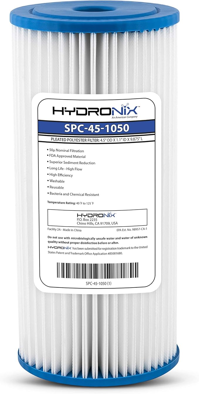 Hydronix SPC-45-1050 Universal Whole House Sediment Pleated Water Filter, Washable and Reusable, 4.5" x 10" - 50 Micron