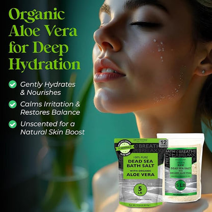Aromasong Dead Sea Salt with Organic Aloe Vera, Spa Bath Salts, 5 Lbs Fine Bulk resealable Pack, 100% Pure & Natural, Soak for Women & Men for Tired Muscles & Skin Issues (Packaging May Vary)