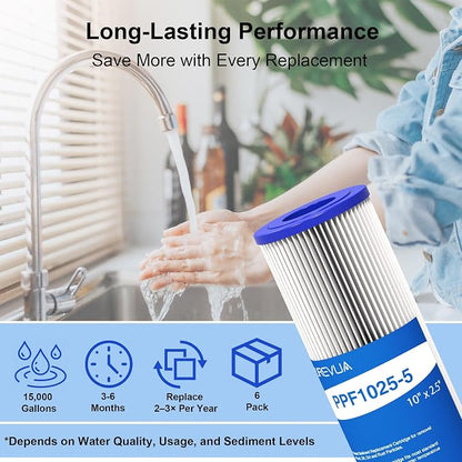 6-Pack 5 Micron Pleated Water Filter Cartridge, 10" x 2.5" Washable & Reusable PET Sediment Filter for Well Water & Whole House Pre-Filter, Compatible with WFPFC3002, WHKF-WHPL, AO-WH-PRE-RP2