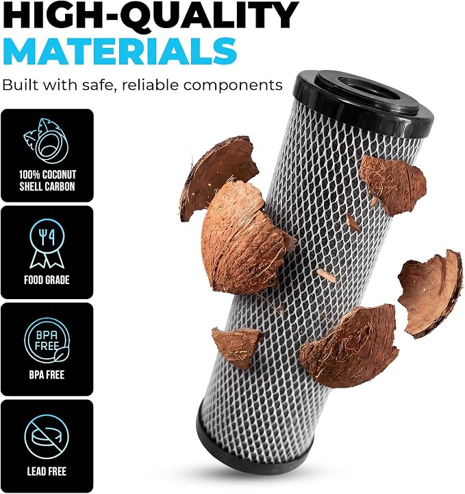 1 Micron 10" x 2.5" Activated Carbon Whole House Water Filter Replacement Charcoal Block Cartridge Set - Coconut Shell Carbon - Fits Whole Home/Under-Sink Systems, Reduces Chlorine & Odor - 4-Pack