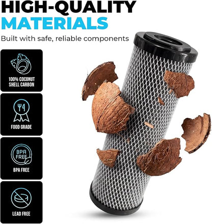 1 Micron 10" x 2.5" Activated Carbon Whole House Water Filter Replacement Charcoal Block Cartridge Set - Coconut Shell Carbon - Fits Whole Home/Under-Sink Systems, Reduces Chlorine & Odor - 4-Pack