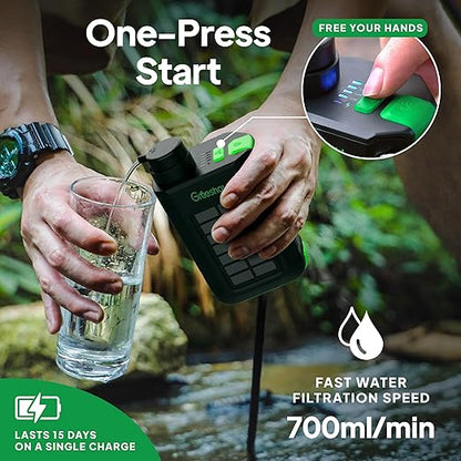 Greeshow Portable Electric Water Filter for Camping & Survival - 0.01 Micron Water Purification System with Solar, Hand Crank, USB-C Charge - Power Bank & LED Light for Backpacking Gear, Emergency Kit