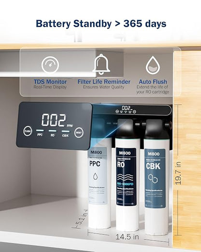 Frizzlife M800 Non-Electric Tankless Reverse Osmosis Water Filter, up to 900GPD Under Sink RO Water Filtration System, Huge Filter with Auto Flush, NSF/ANSI 58&372, 4:1 Pure to Drain