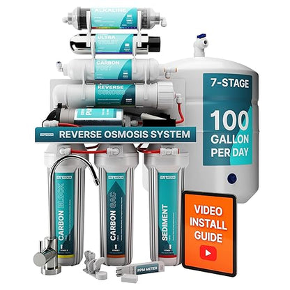 NU Aqua 7-Stage Alkaline & UV Under Sink Reverse Osmosis Water Filter System - Booster Pump - 100 GPD RO Filtration & Remineralization - Faucet & Tank - 100GPD Undersink Home Kitchen Drinking