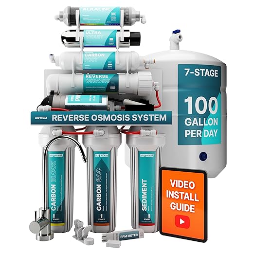 NU Aqua 7-Stage Alkaline & UV Under Sink Reverse Osmosis Water Filter System - Booster Pump - 100 GPD RO Filtration & Remineralization - Faucet & Tank - 100GPD Undersink Home Kitchen Drinking