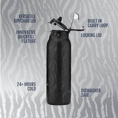 Ello Pop & Fill 32oz Stainless Steel Water Bottle with QuickFill Technology, Double Walled and Vacuum Insulated Metal, Leak Proof Locking Lid, Straw and Chug, Reusable, BPA Free, Black Zebra