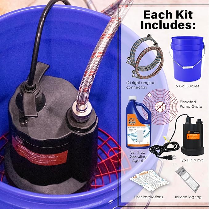 Chromex Tankless Water Heater Flush Kit with Certified Liquid Descaling Solution and Right Angle Inlet Hoses & 1/6HP Extra Strength Pump