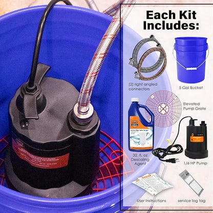 Chromex Tankless Water Heater Flush Kit with Certified Liquid Descaling Solution and Right Angle Inlet Hoses & 1/6HP Extra Strength Pump