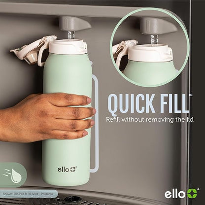 Ello Pop & Fill 32oz Stainless Steel Water Bottle with QuickFill Technology, Double Walled and Vacuum Insulated Metal, Leak Proof Locking Lid, Straw and Chug, Reusable, BPA Free, Black Zebra