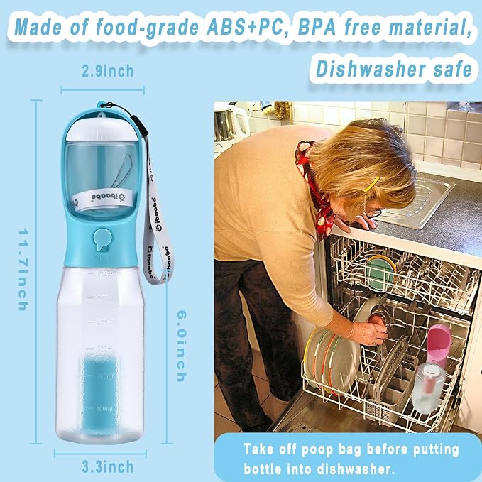 Cibaabo Dog Water Bottle with Food Container & Poop Bag Holder & Filter | Travel Water Bowl, Portable Pet Dispenser, Dog Gifts, Puppy Essentials for Walking Hiking