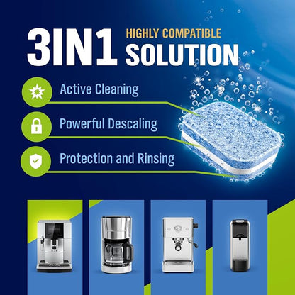 WoldoClean 3-in-1 descaling tablets for fully automatic coffee machines, 12 pieces – airtight sealed in blister packaging, descaler tablets compatible with DeLonghi, Siemens, Jura coffee machines.