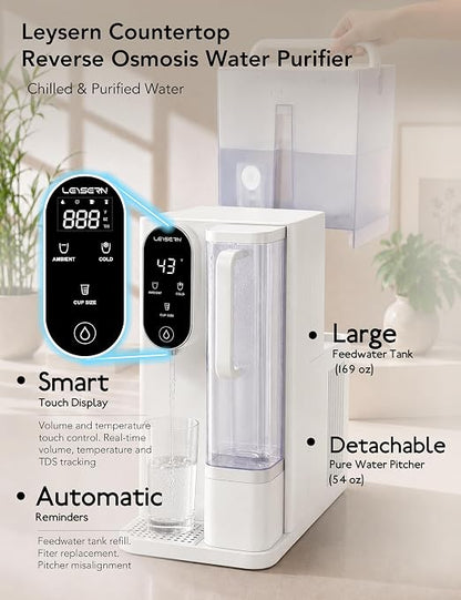 Leysern Cold Countertop Reverse Osmosis Water Filter, No Installation | 7-Stage RO Filtration with UV, Dual-Thermoelectric Cooling, Water Purifier with TDS Monitor, NSF 372 Certified, White