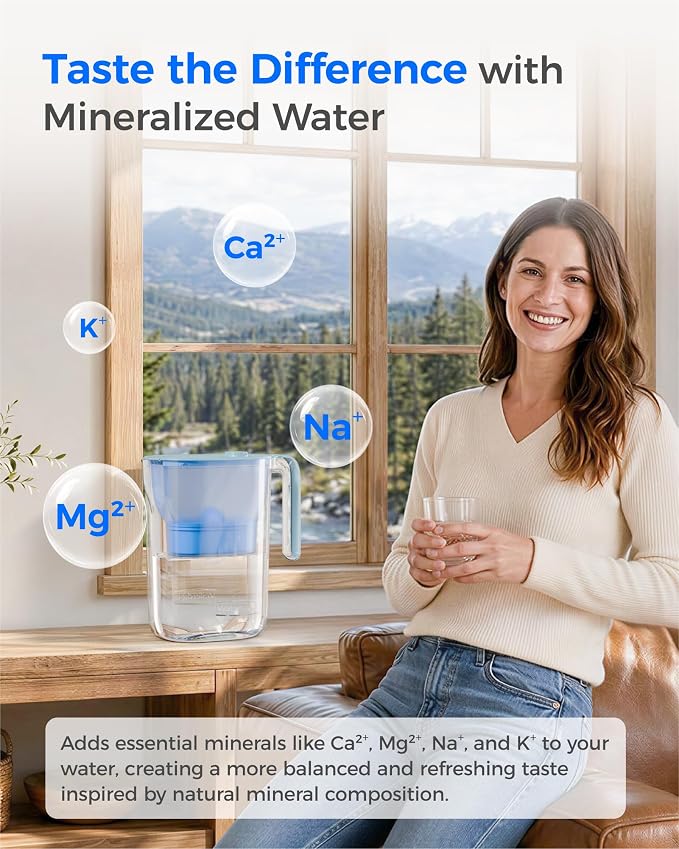 Waterdrop PT-05B-AL Alkaline Water Filter Pitcher, 7-Cup, Mineralized Alkaline Water, Healthy, Clean & Toxin-Free, Up to 100 Gallons, Up to pH 9.5, BPA-Free, for Fridge, Countertop & Gift, Blue | Mineralized Alkaline Water, Healthy, Clean & Toxin-Free,...