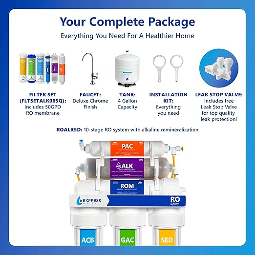 Express Water Reverse Osmosis Alkaline Water Filtration System – 10 Stage RO Water Filter with Faucet and Tank – Under Sink Water Filter with Alkaline Filter for Added Essential Minerals – 50 GPD