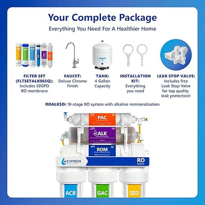 Express Water Reverse Osmosis Alkaline Water Filtration System – 10 Stage RO Water Filter with Faucet and Tank – Under Sink Water Filter with Alkaline Filter for Added Essential Minerals – 50 GPD