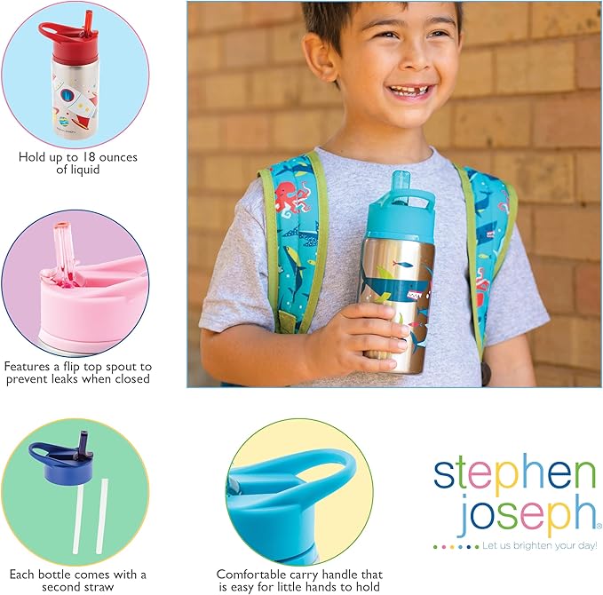 Stephen Joseph Stainless Steel Water Bottles, 18 OZ, Straw lid, Reusable tumbler, Insulated, Transportation
