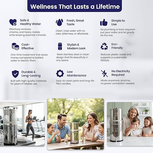 3.25 G Gravity Water Filter | NSF/ANSI 42 & 372 Certified | Gravity-Fed Countertop Stainless Steel Water Filter System | AISI 304 | 2 Carbon Filters & Steel Spigot | No Electricity Required | Portable