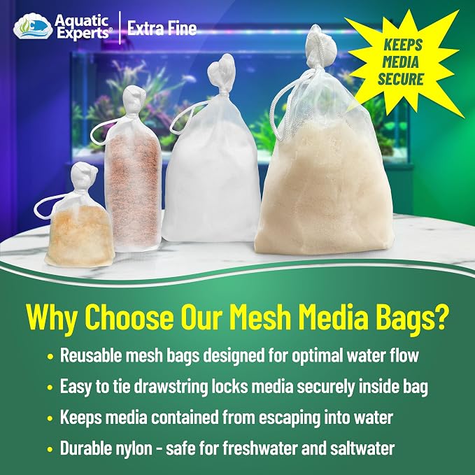 Aquatic Experts Extra Fine Aquarium Media Bag, Durable Drawstring Bags for Fish Tank Filters, 150 Micron Mesh, (Extra Fine, 3"x 4" - 4 Pack)