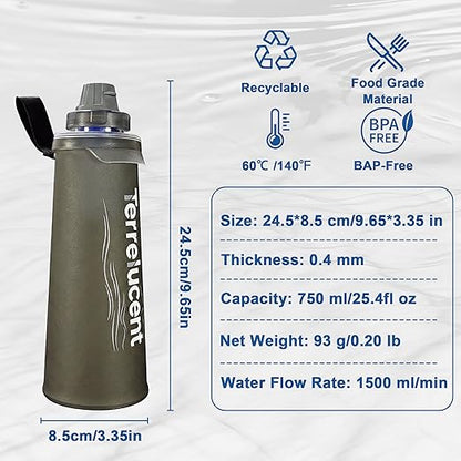 750ML Collapsible Water Bottle with Filter, Squeeze Filtered Water Bottle, BPA-Free, Dual Filtration, Ultralight Water Filter System for Hiking, Camping, Backpacking (Gray, 25.4 OZ)