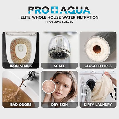 PRO+AQUA Elite Series GEN2 PRO-100-E 3-Stage Whole House Water Filtration System for City & Well Water with Pressure Gauges | Reduces Contaminants, Sediment, Chemicals, Heavy Metals, with 1” Ports