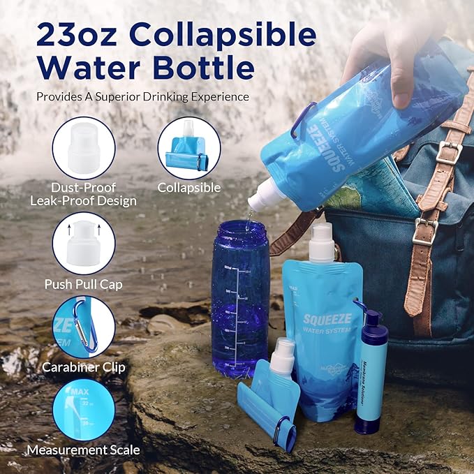 Membrane Solutions Squeezable Water Filtration System, Survival Water Purifier Kit, Portable Backpacking Gear Including Water Filter Straw and 23oz Collapsible Bottle for Hiking Camping Travel(2+6)