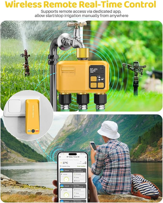 WiFi Water Timer 3 Zone for Garden Hose, Smart Sprinkler Timer with 984ft RF Range, Brass Inlet and Outlet, APP/Voice Control, Rain Delay, Automatic/Manual Irrigation