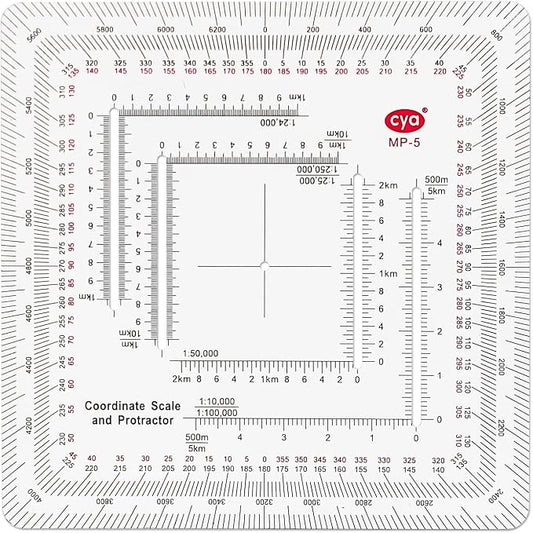 CYA MP-5 Square Military Map Protractor - Multi Scale UTM Coordinate Tool | Multi-scale MP-5 square map protractor for 1:24k to 1:500k charts. Features degrees, mils & USGS 7.5 min map rulers.