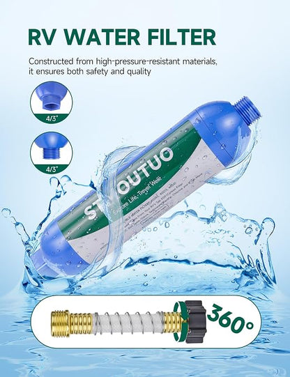 STMOUTUO RV Water Filter with Hose Protector, 2 Pack for Camper. | NSF/ANSI 42 filter with GAC & KDF reduces chlorine, heavy metals, fluoride, silt, rust and odors. for RV, Camper, Garden.